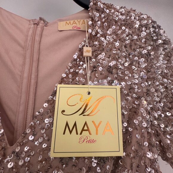 Maya Deluxe Formal Taupe Blush V Neckline Embellished Maxi Dress NWT - Picture 8 of 14